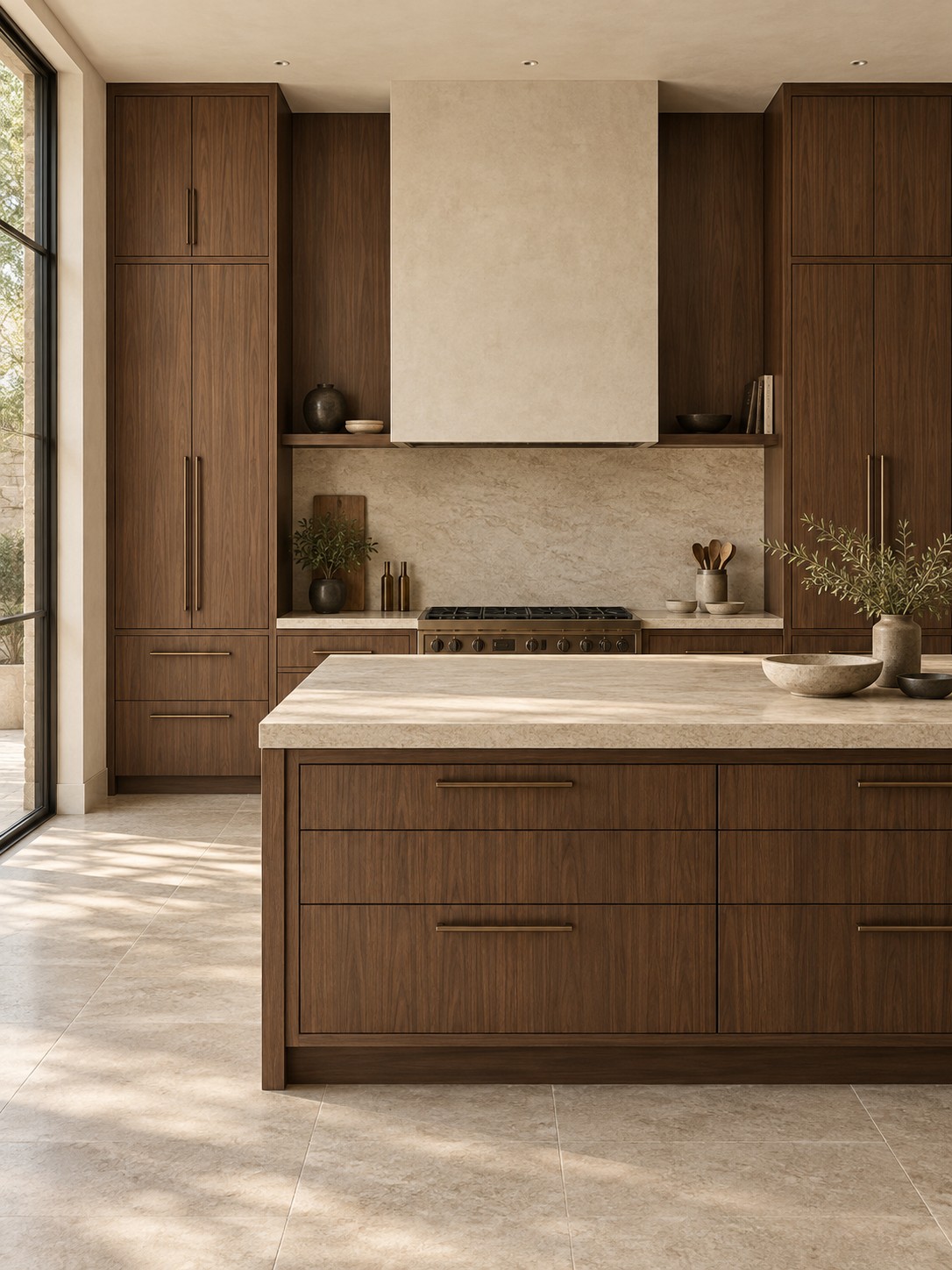 Walnut kitchen cabinetry with stone and bronze