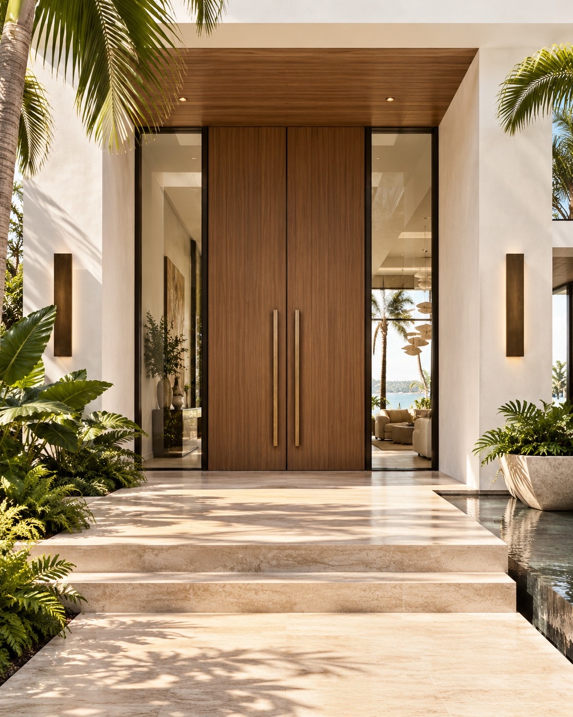 Tall timber entry doors with refined bronze hardware