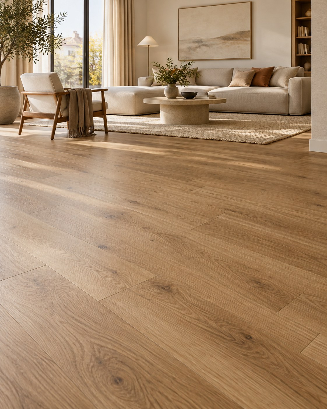 Warm oak-look plank flooring in a refined residential living room