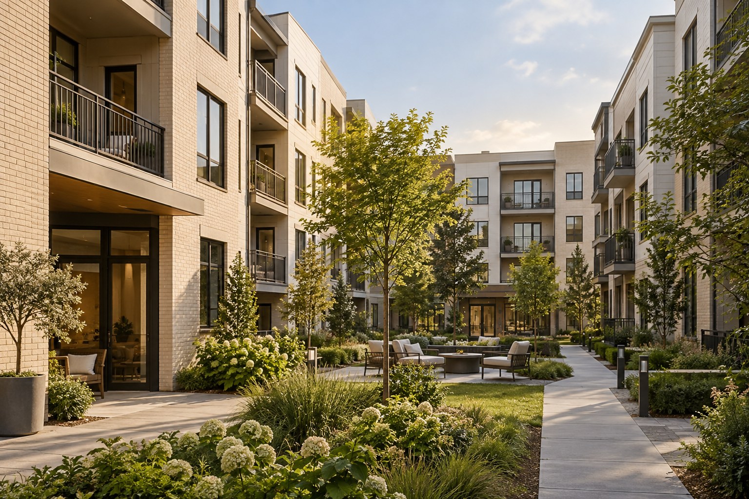 Illustrative contemporary multifamily housing with cream brick apartments and a landscaped shared courtyard