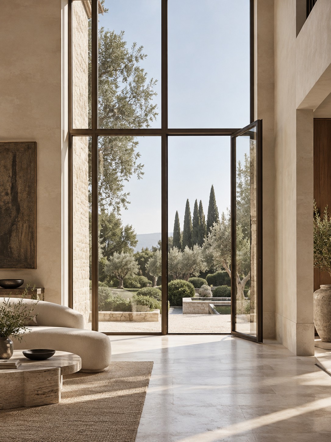 Bronze aluminum windows framing a garden